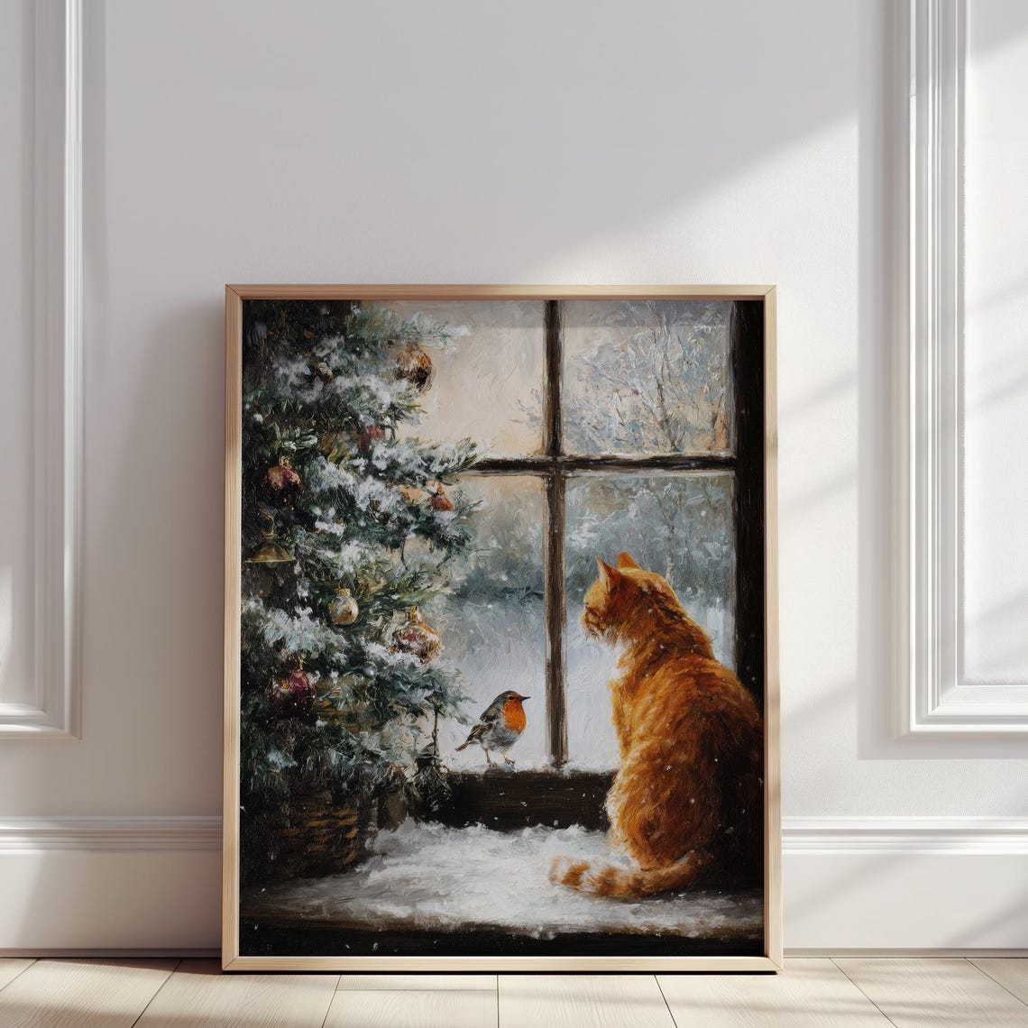 Orange Cat Christmas Window Snowy Robin Cozy Winter Art Poster