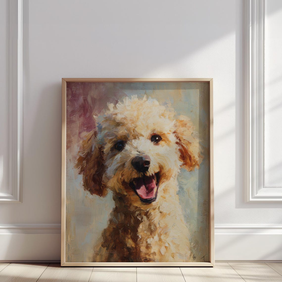 Brown Poodle Dog Oil Painting Curly Hair Puppy Print With Pastel Colors Animal Portrait Wall Art Poster For Pet Lover