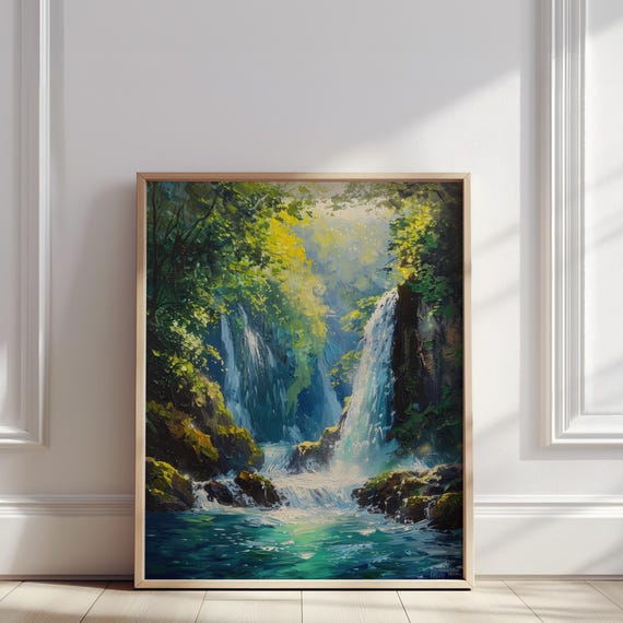 Waterfall Oil Painting Forest View With Cascading Blue Water Print Nature Landscape Wall Art Poster Living Room Decor