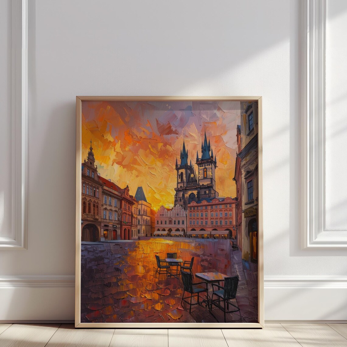 Prague Old Town Square Oil Painting Czech Republic Gothic Church At Sunset European City Wall Art Poster For Home
