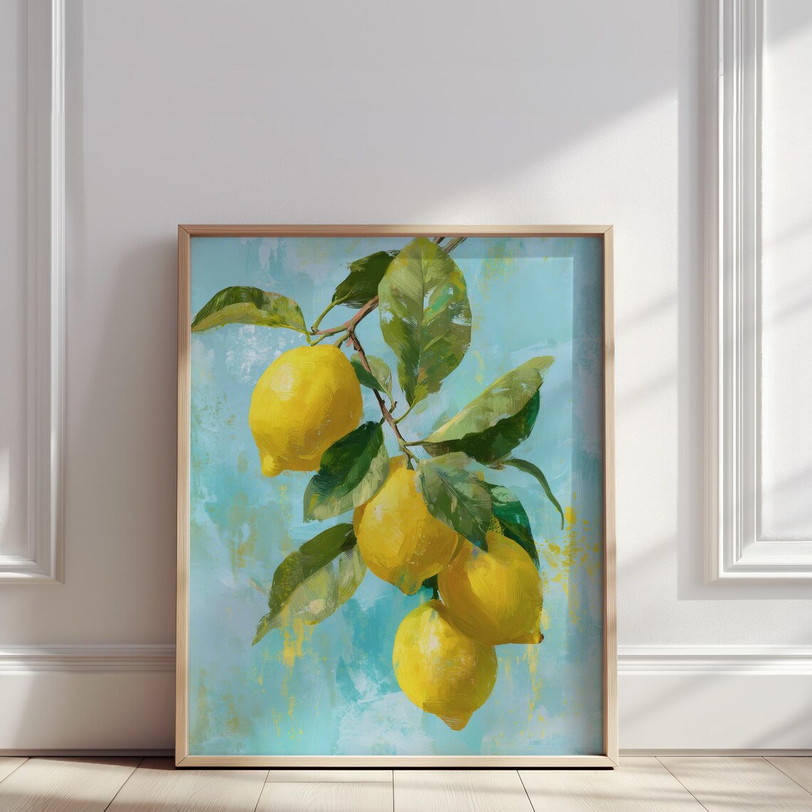 Lemon Branch Oil Painting Yellow Citrus Turquoise Kitchen Poster