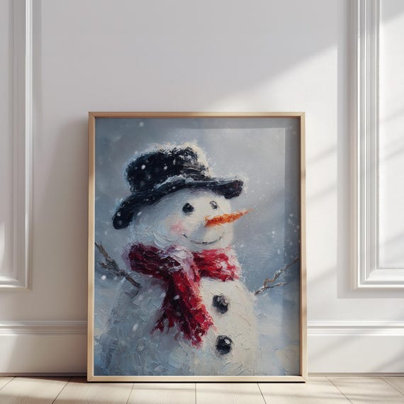 Smiling Snowman In Red Scarf Oil Painting Joyful Winter Holiday Print For Nursery Festive Christmas Wall Art Poster