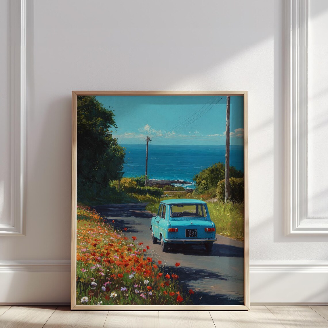 Vintage Blue Classic Car Coastal Road Poppy Fields Summer Drive Poster