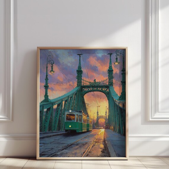 Budapest Liberty Bridge Oil Painting Vintage Green Tram At Sunset Print Europe Hungarian Cityscape Wall Art Poster