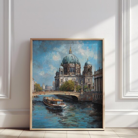 Berlin Cathedral Canal Oil Painting German Cityscape With River Boat View Print European Architecture Wall Art Poster