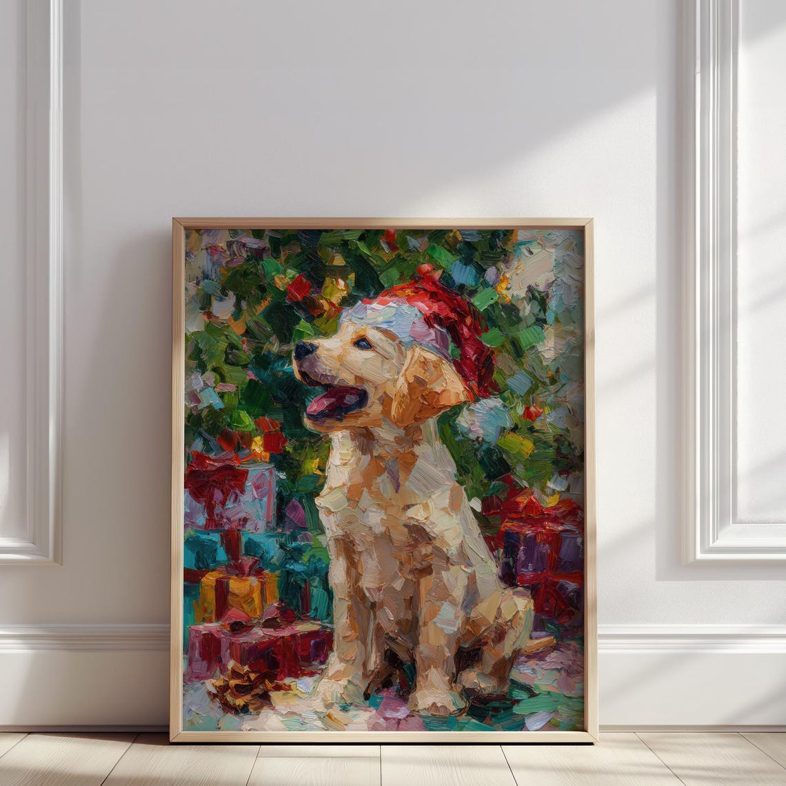 Christmas Puppy Oil Painting Golden Retriever With Festive Tree Gifts Pet Print Winter Holiday Dog Wall Art Poster