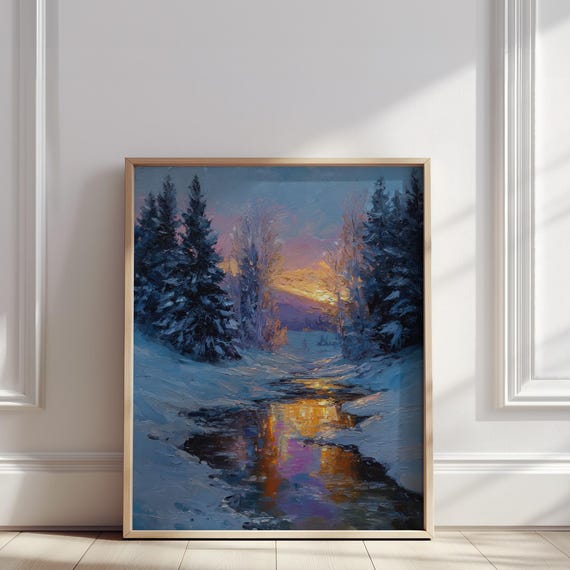 Winter Sunset Forest Oil Painting Snowy Trees And River Reflections In Warm Light Print White Nature Wall Art Poster