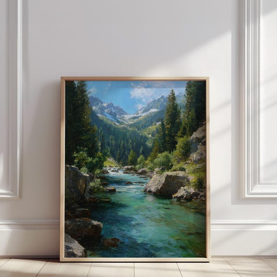 Mountain River Valley Oil Painting Crystal Clear Stream With Pine Forest And Snow Peak Print Tranquil Nature Wall Art