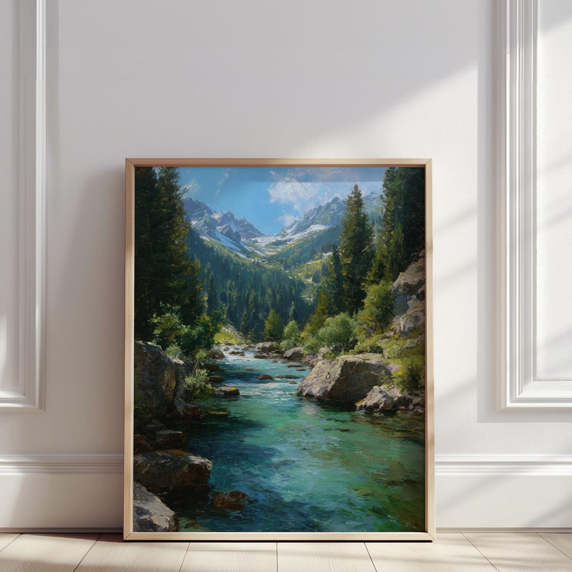 Mountain River Valley Oil Painting Crystal Clear Stream With Pine Forest And Snow Peak Print Tranquil Nature Wall Art