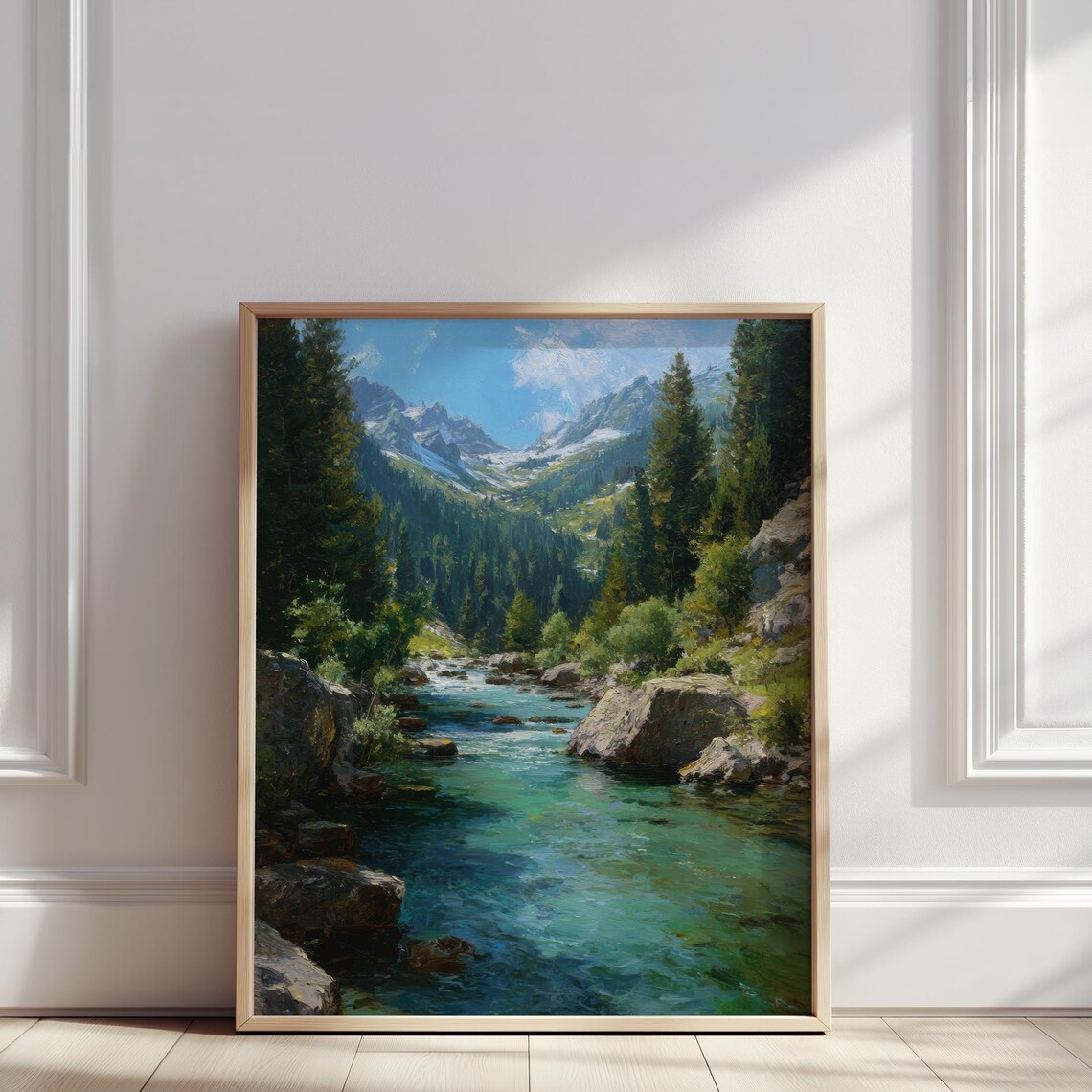 Mountain River Valley Oil Painting Pine Forest Snow Peaks Poster