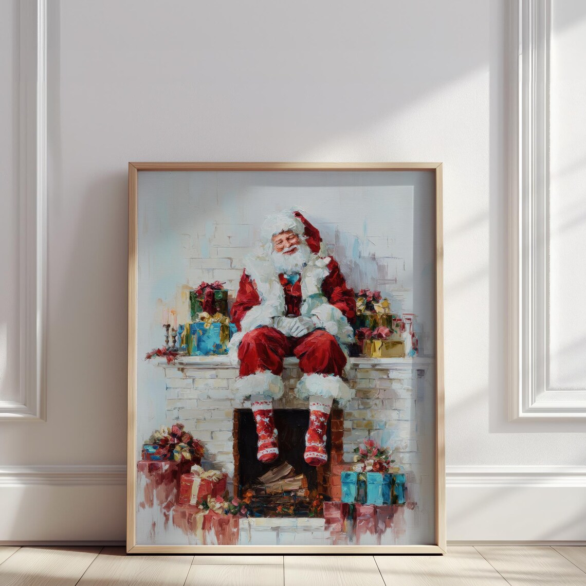 Santa Claus Sitting On Fireplace Mantel Christmas Oil Painting Poster