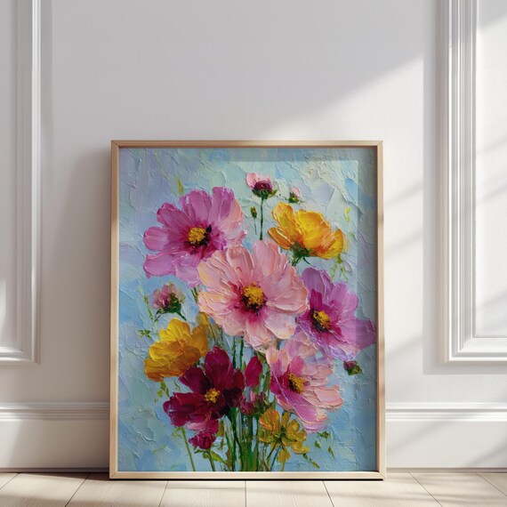 Cosmos Flowers Bouquet Magenta Blush Golden Impasto Art Poster