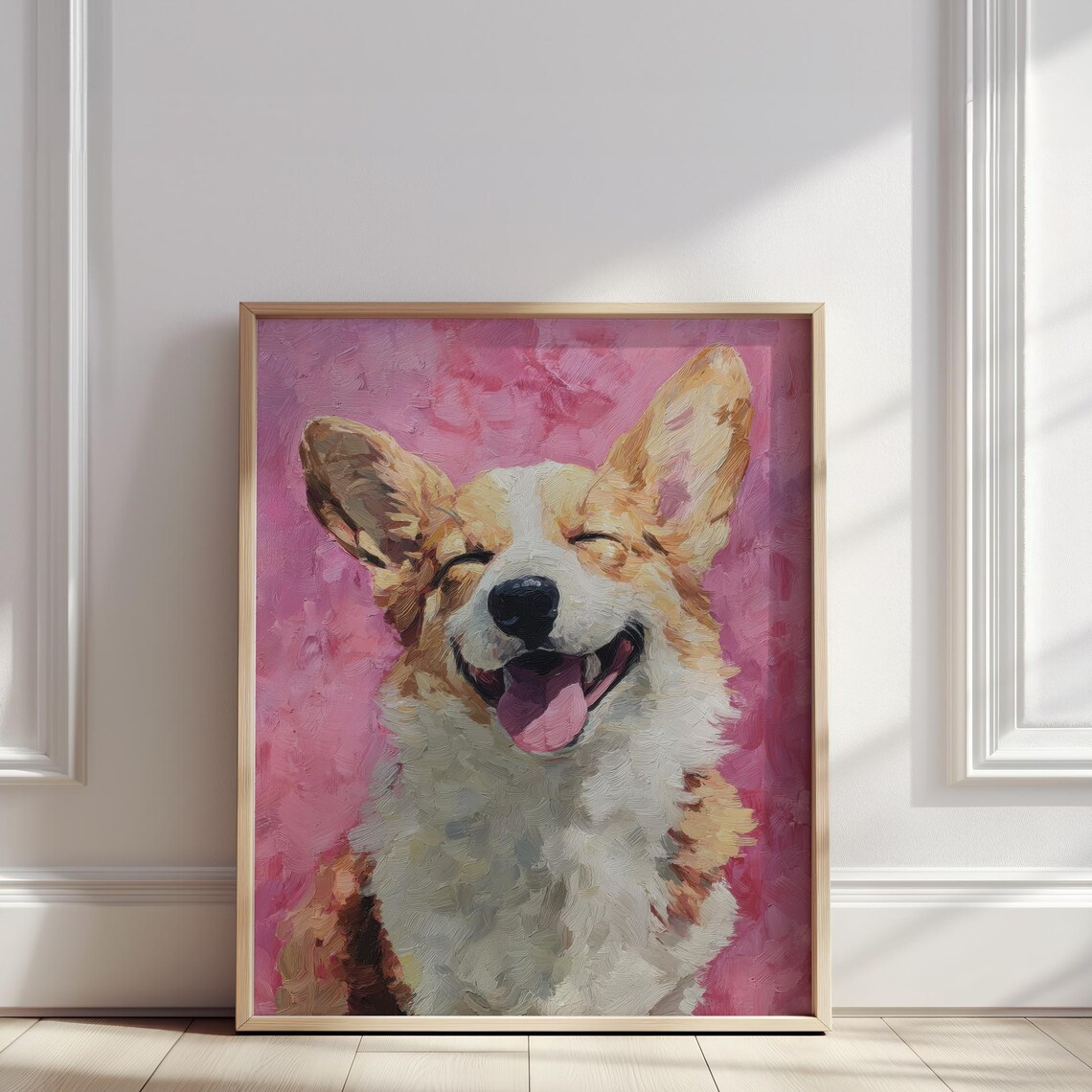 Smiling Corgi Dog Portrait Pink Background Happy Pet Oil Painting Poster