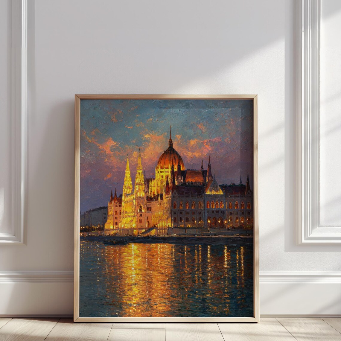 Budapest Parliament Building Sunset Danube Oil Painting Hungary Poster