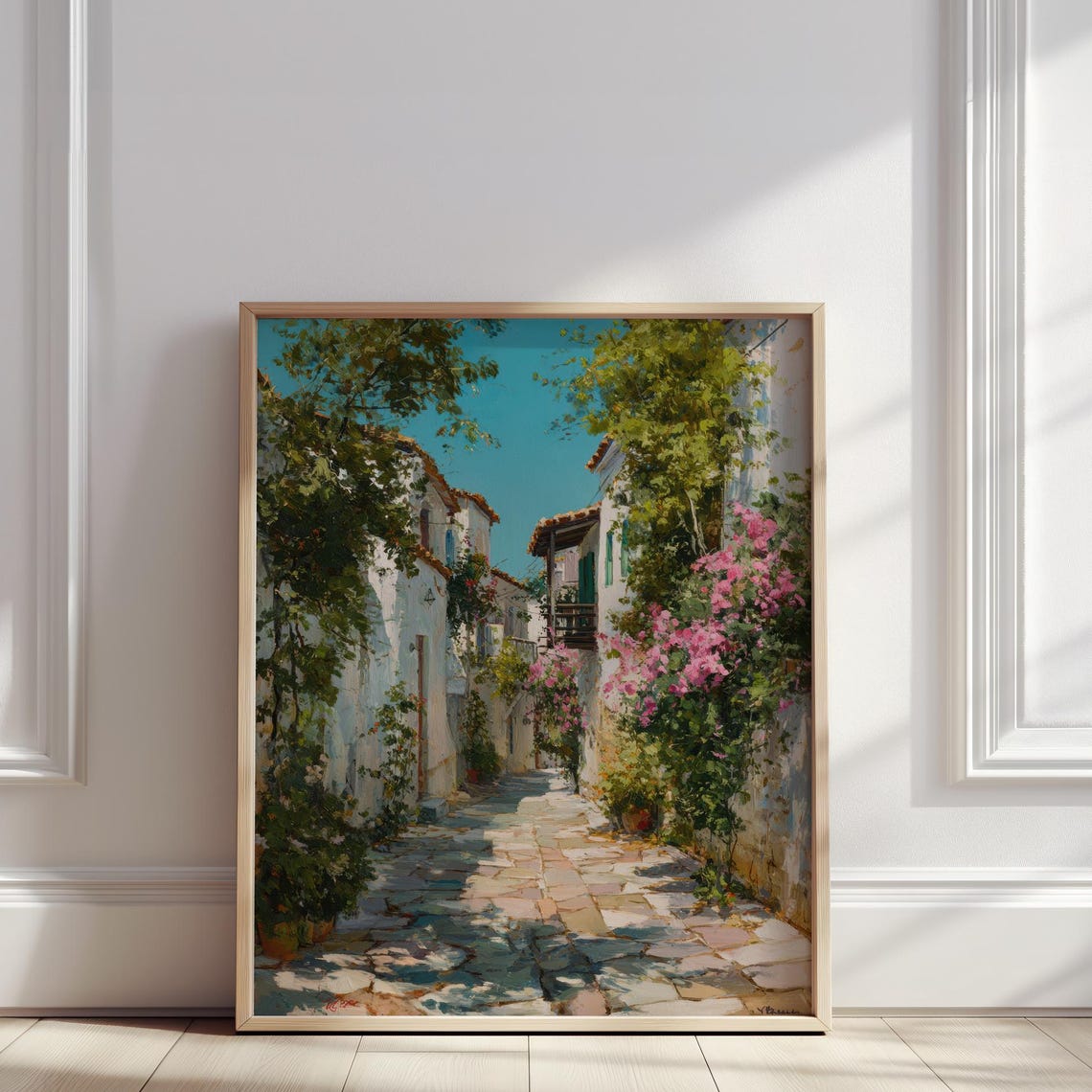 Santorini Whitewashed Alley Pink Bougainvillea Mediterranean Poster