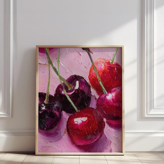 Cherry Fruit Oil Painting Juicy Red Cherries On Pink Background Print Vibrant Summer Kitchen Wall Art Poster For Home