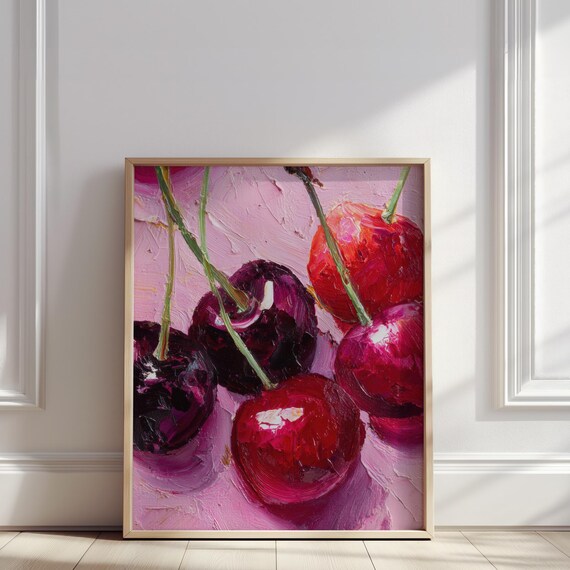 Cherry Impasto Oil Painting Juicy Red Cherries Pink Kitchen Poster