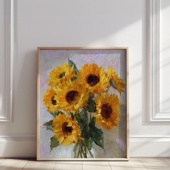 Golden Sunflower Bouquet Oil Painting Bright Cheerful Floral Poster