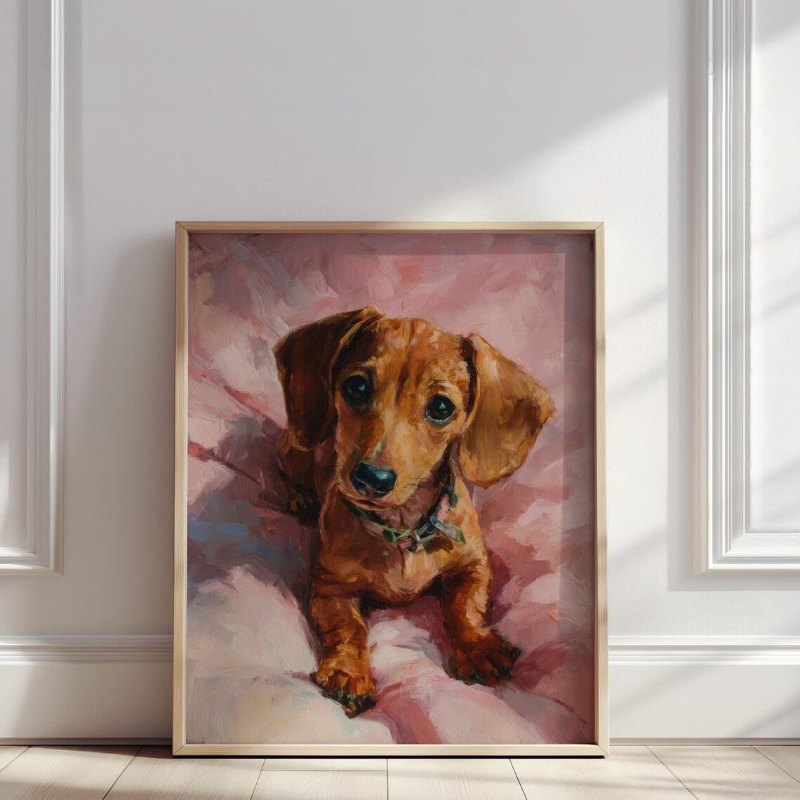 Brown Dachshund Puppy Oil Painting Pink Blanket Adorable Pet Poster