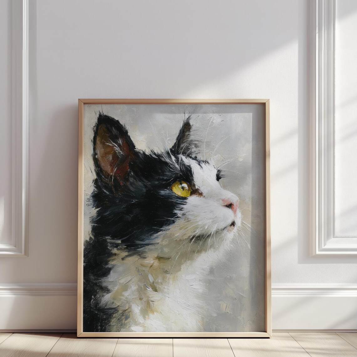 Black White Cat Portrait Yellow Eyes Feline Oil Painting Poster