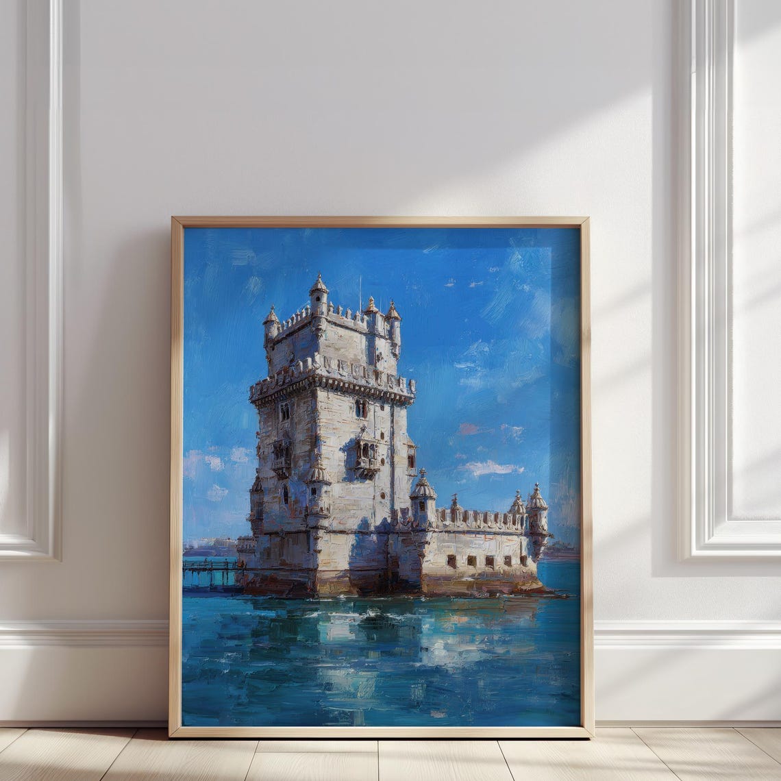 Belem Tower Lisbon Blue Sky River Reflection Oil Painting Poster