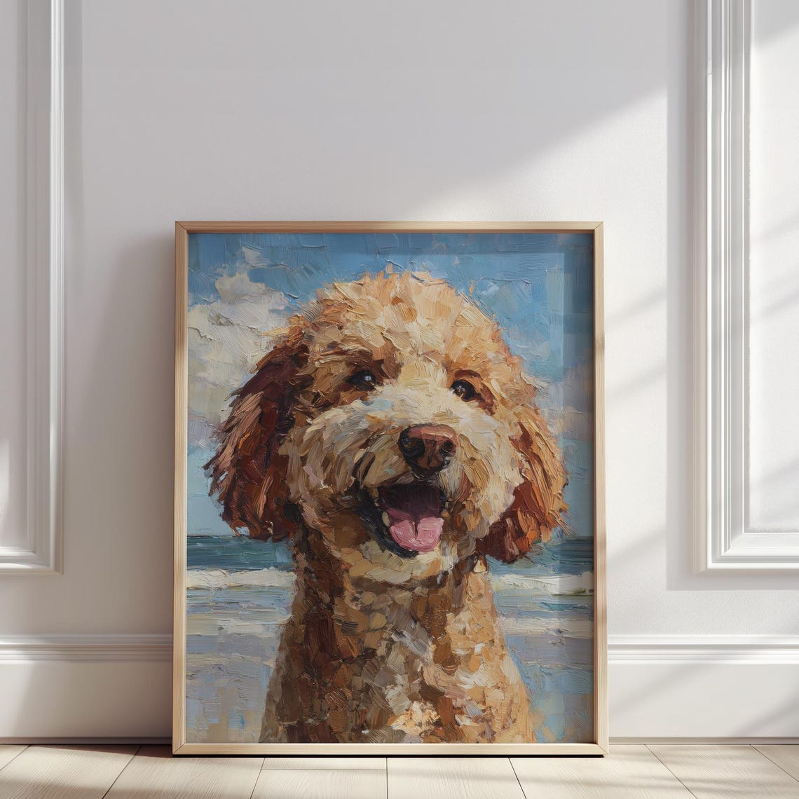 Golden Doodle Dog Oil Painting Happy Puppy By The Beach Print Cute Pet Portrait Wall Art Poster Fot Lovers