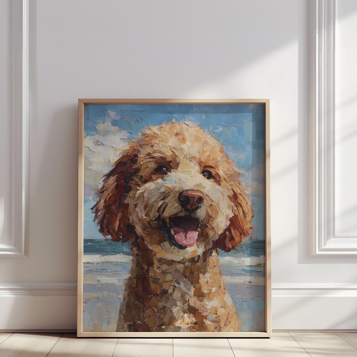 Happy Golden Doodle Puppy Beach Day Impasto Oil Painting Poster
