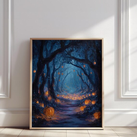 Pumpkin Forest Path Oil Painting Glowing Lanterns In Enchanted Woods Print Halloween Wall Art Poster For Autumn Home