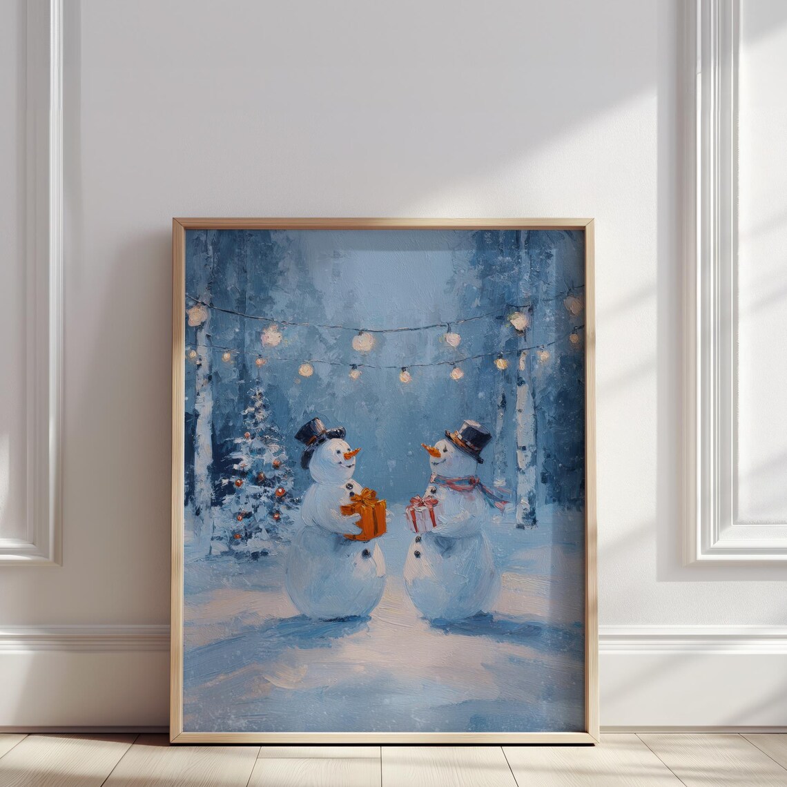 Two Snowmen Exchanging Gifts Snowy Night String Lights Poster