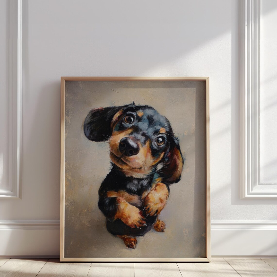Black Dachshund Puppy Portrait Oil Painting Adorable Pet Poster