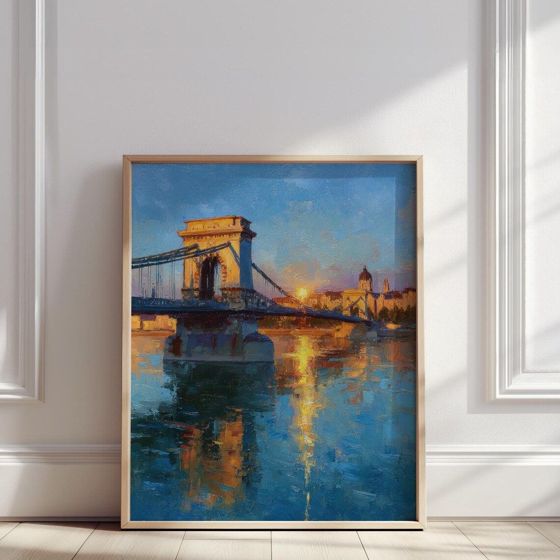 Budapest Chain Bridge Sunset Danube River Oil Painting Poster