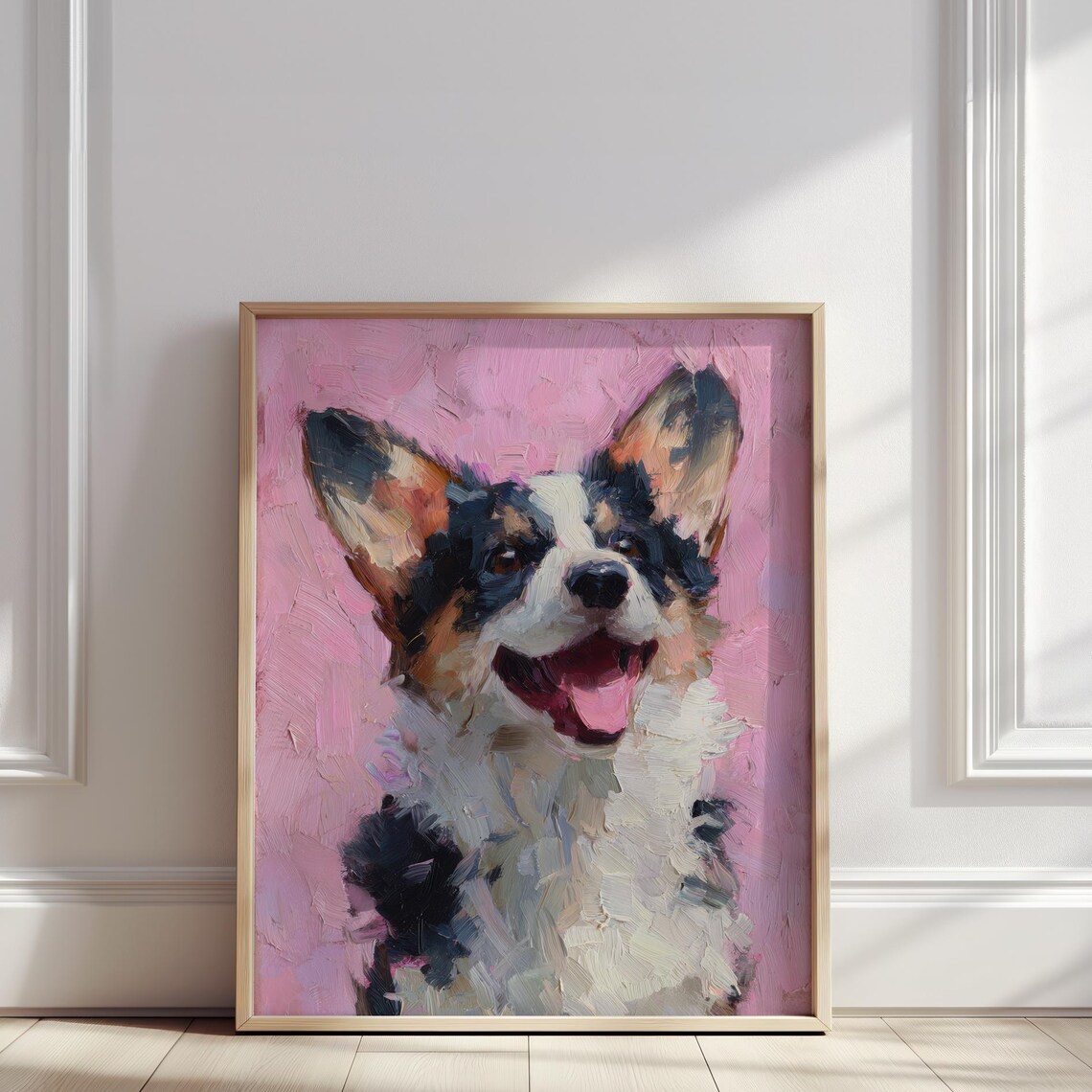Black Corgi Dog Smiling Portrait Pink Background Pet Art Poster
