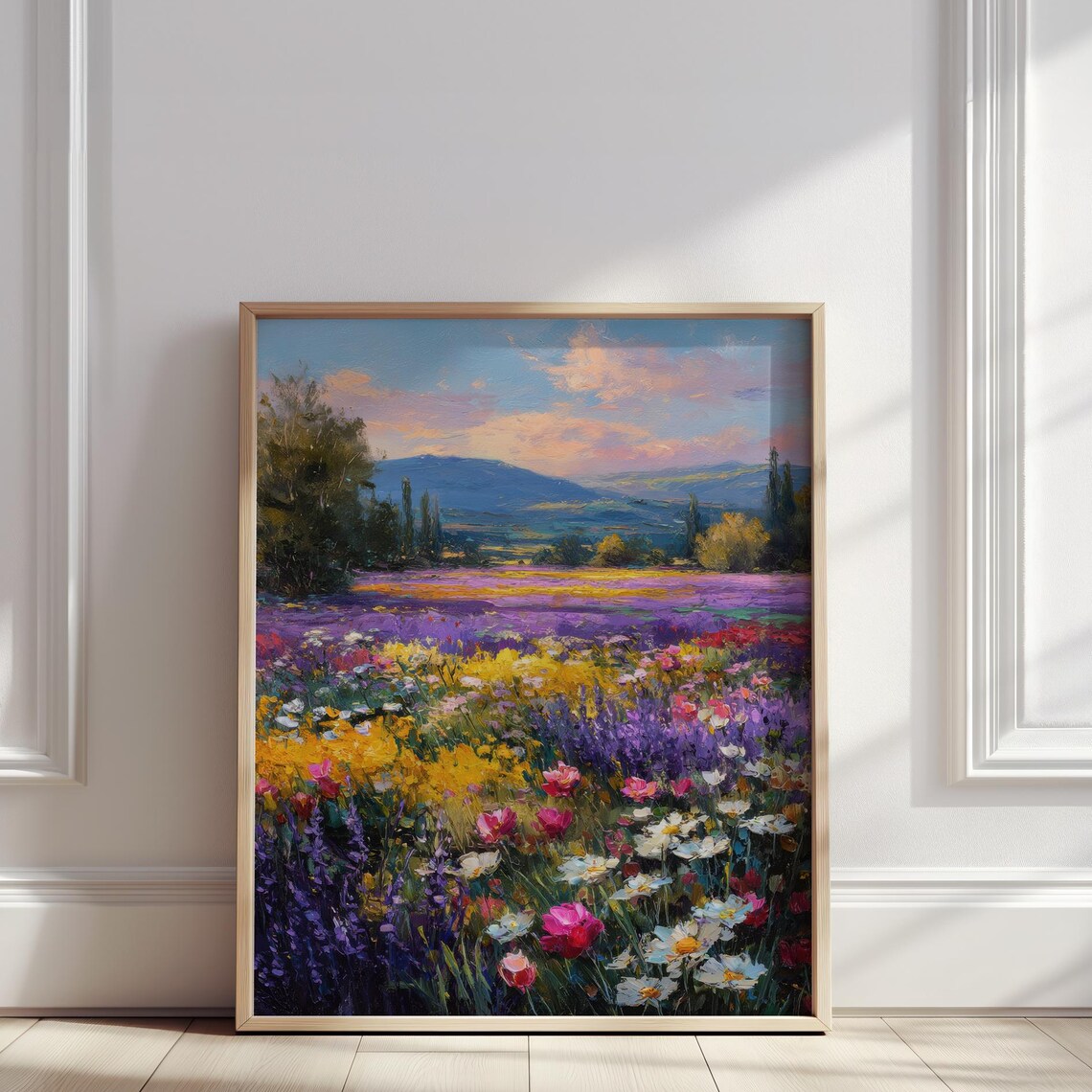 Vibrant Wildflower Field Lavender Daisies Summer Meadow Landscape Poster