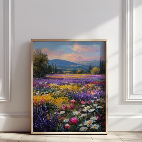 Vibrant Wildflower Field Lavender Daisies Summer Meadow Landscape Poster
