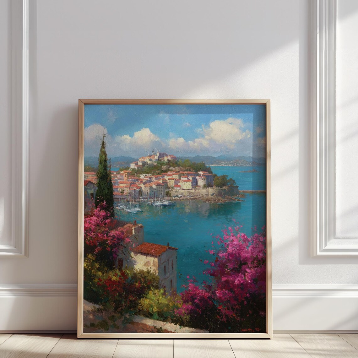 Mediterranean Harbor Town Bougainvillea Colorful Oil Painting Poster