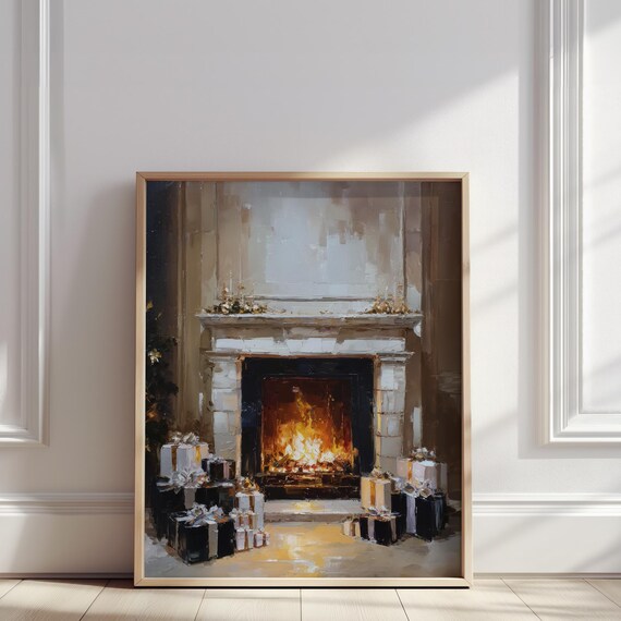 Luxury Christmas Fireplace With Black and White Gifts Gold Garland Poster