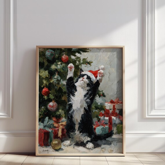 Christmas Cat in Santa Hat Playing Under the Tree Oil Painting Poster