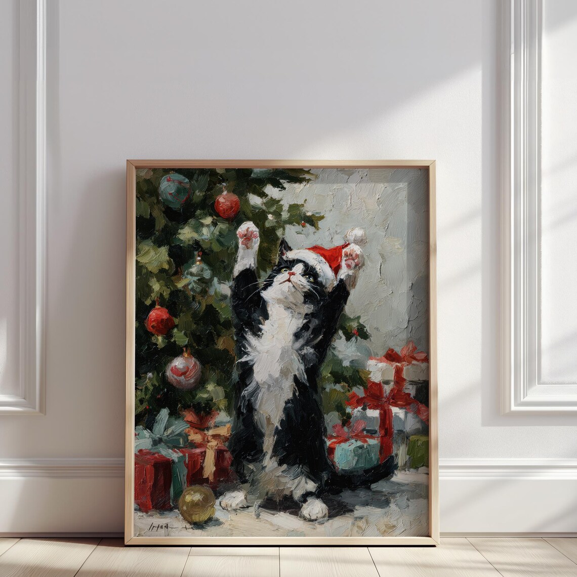 Christmas Cat in Santa Hat Playing Under the Tree Oil Painting Poster