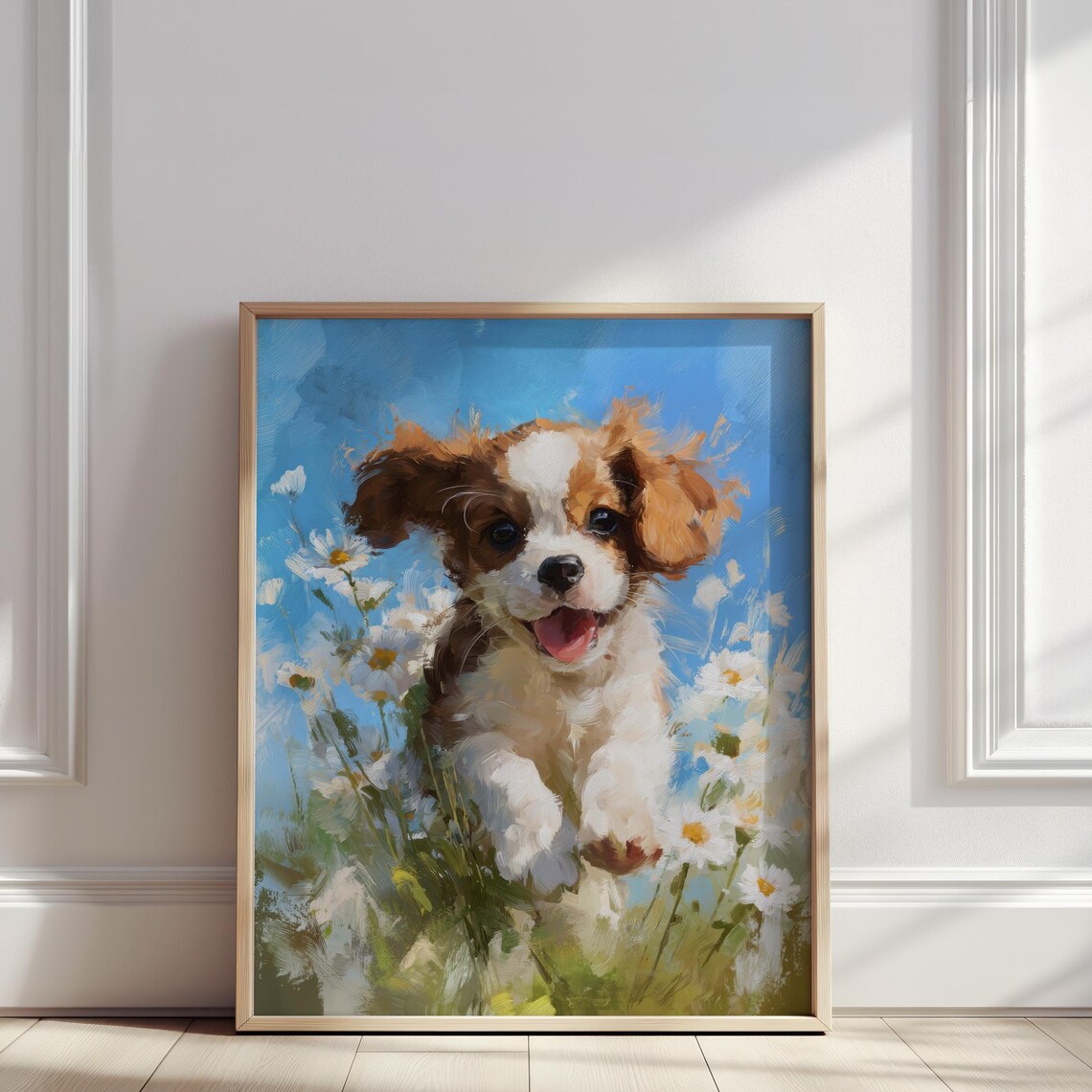 Cavalier King Charles Spaniel Puppy in Daisies Oil Art Poster