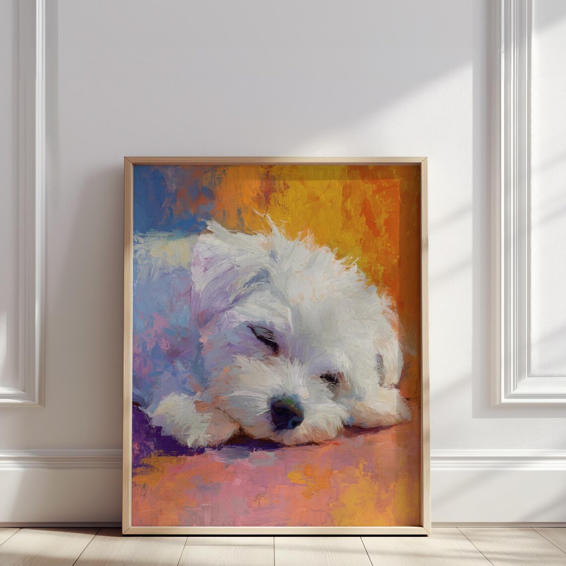 Sleeping White Fluffy Puppy Pastel Oil Portrait Painting Poster