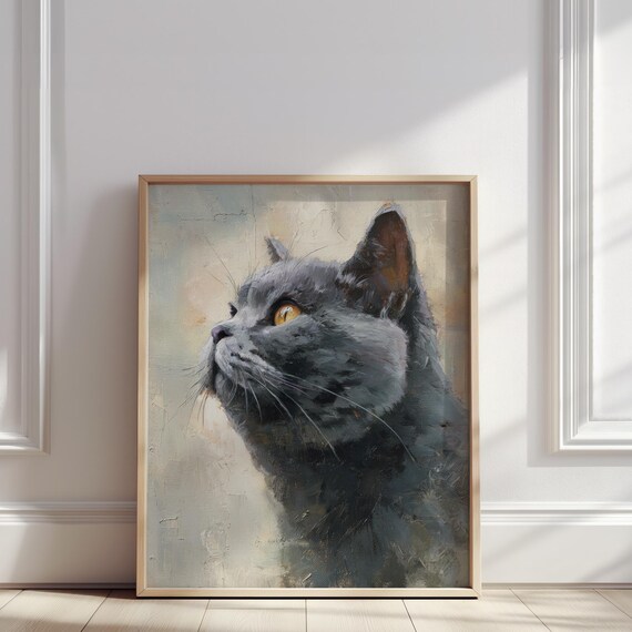 Gray Cat Portrait Oil Painting Amber Eyes Elegant Feline Poster
