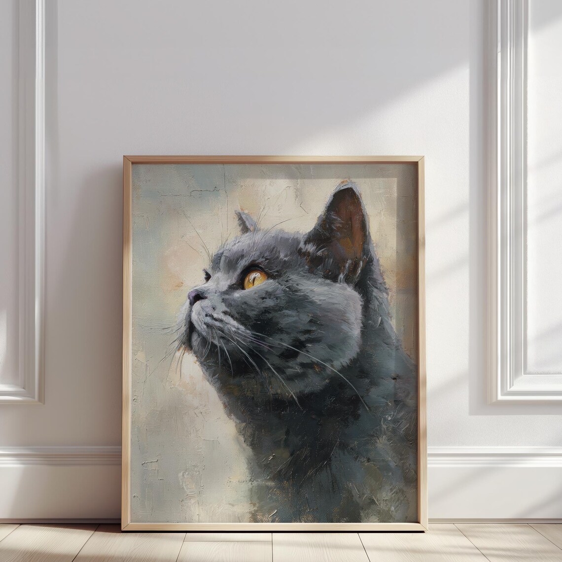 Gray Cat Oil Painting Feline Portrait Print For Bedrooms And Pet Owners Animal Wall Art Poster Lovers
