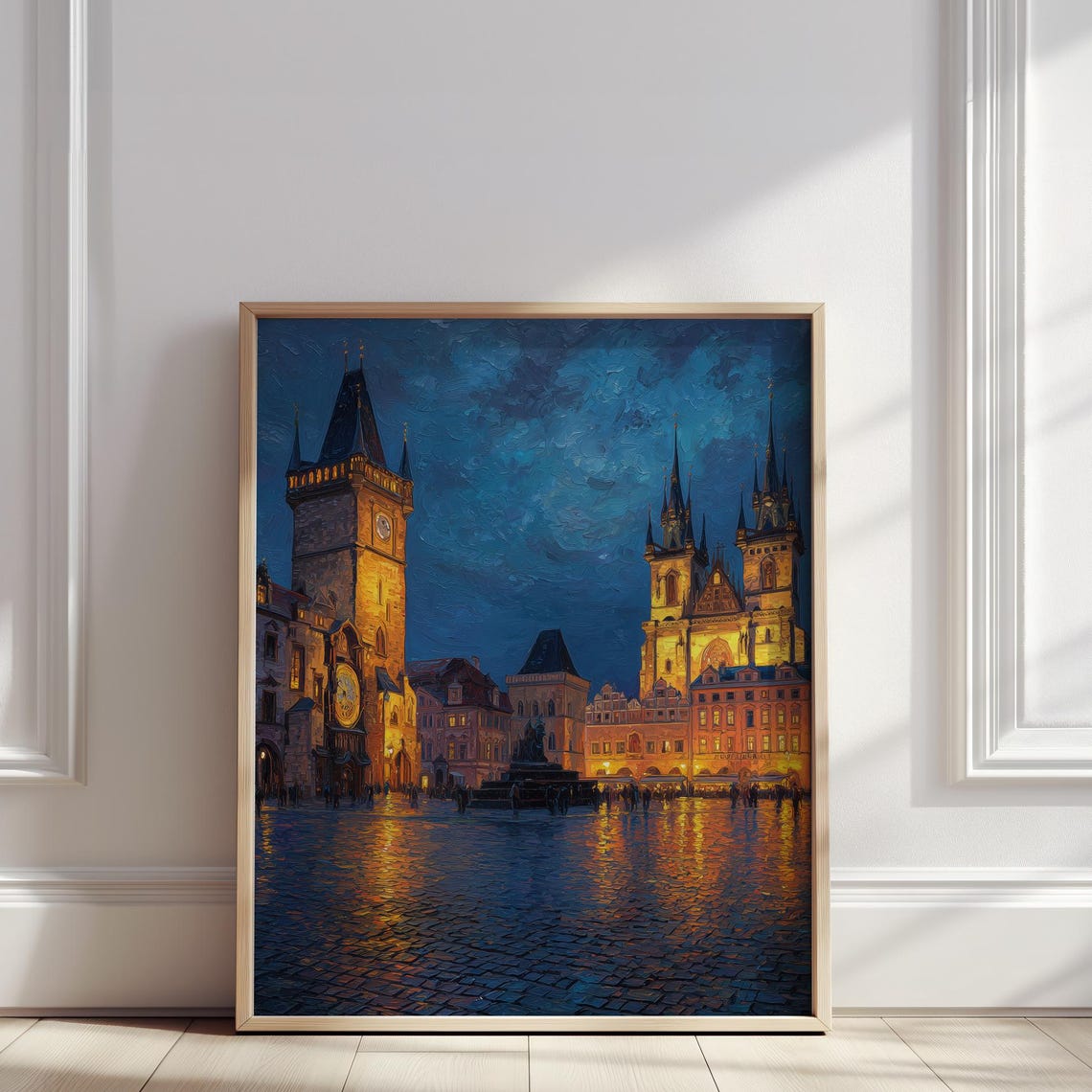 Prague Old Town Square Night Astronomical Clock Gothic Art Poster