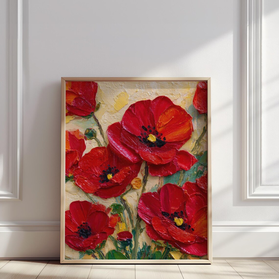 Bold Red Poppy Flower Field Textured Impasto Oil Painting Poster