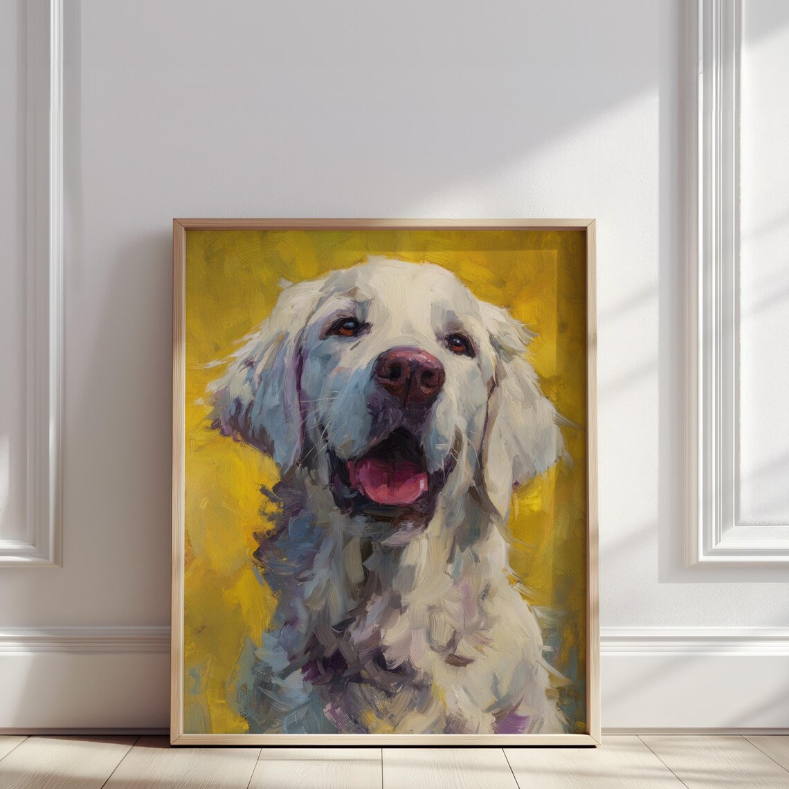 White Golden Retriever Oil Painting Portrait Sunny Yellow Poster
