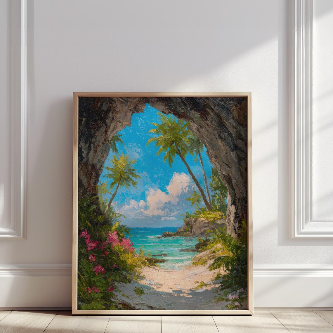 Tropical Beach Cove Through a Rock Arch Palms Oil Painting Poster