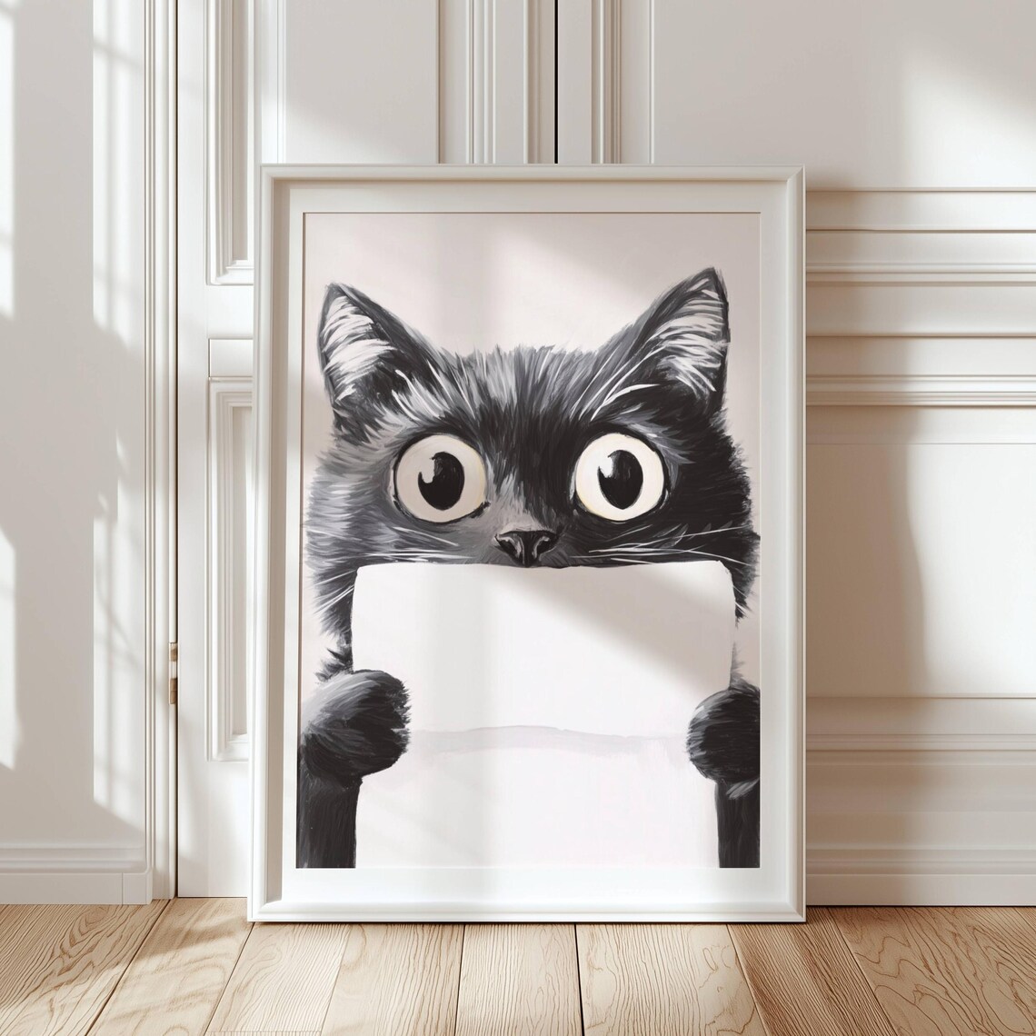 Funny Wide Eyed Black Cat Holding Toilet Paper Bathroom Poster - Image 4