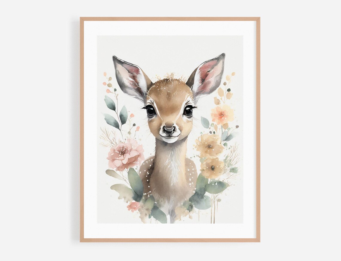 Baby Deer Fawn Watercolor Portrait With Wildflower Blooms Poster