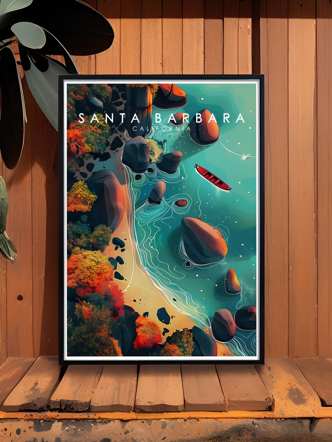 Santa Barbara California Rocky Coast Kayak Aerial Travel Poster - Image 2
