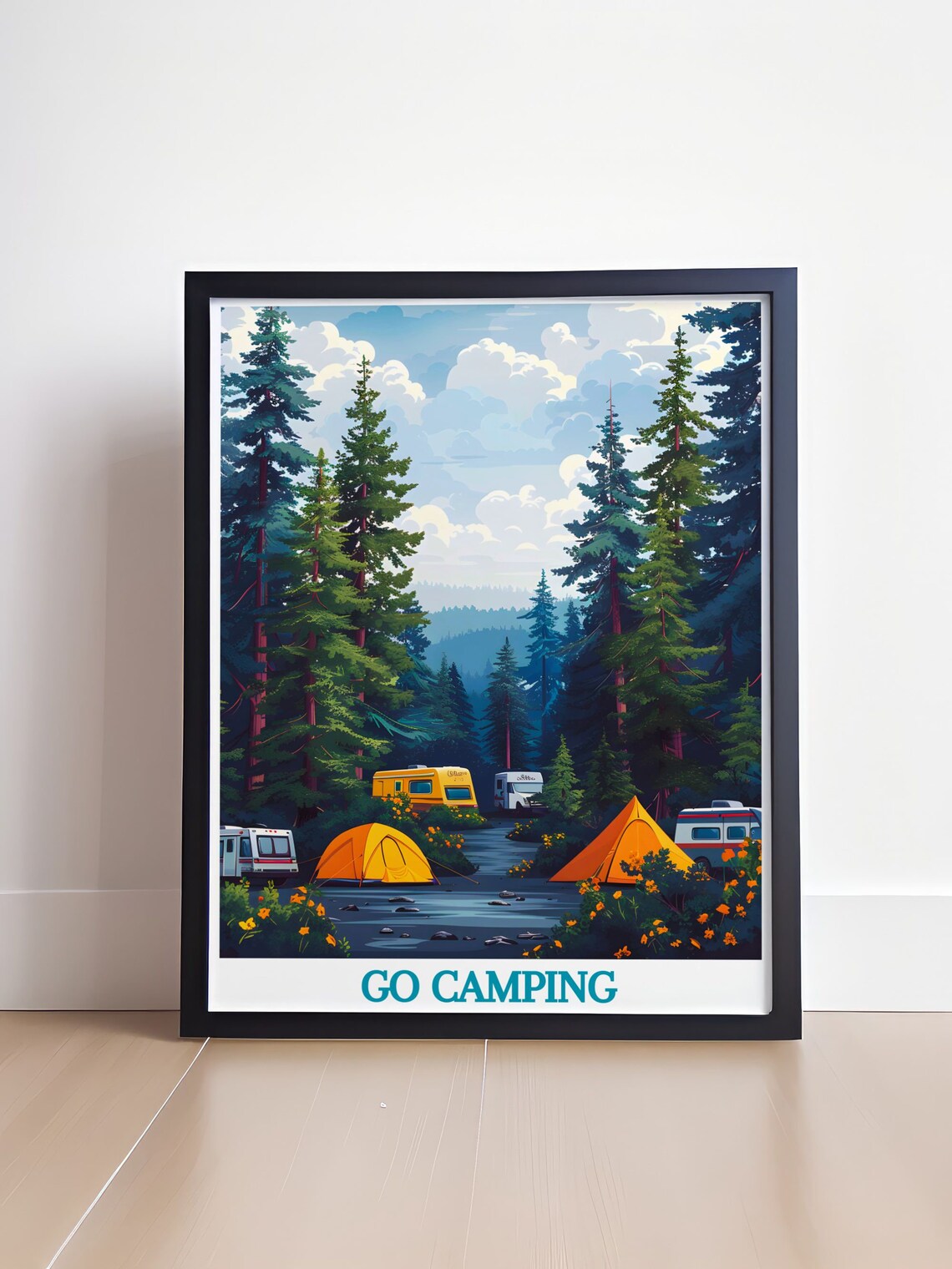 Go Camping Forest Campground Poster Vintage Tents Campers Pines - Image 4